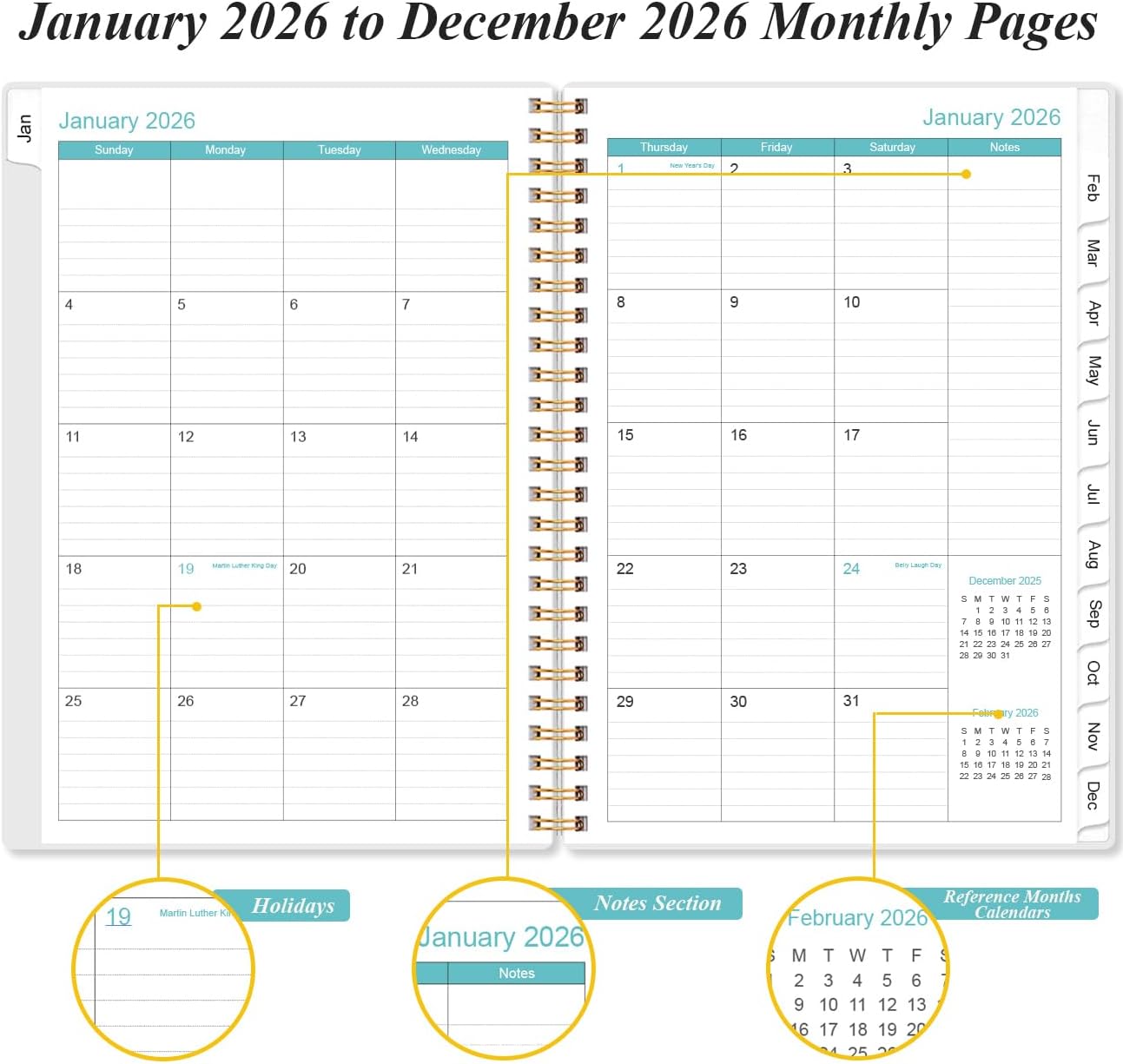 2026 Planner - Planner 2026 from January 2026 - December 2026, Weekly & Monthly Planner Spiral Bound with 12 Monthly Tabs, Inner Pocket, 6.4" x 8.5", Blue Watercolor