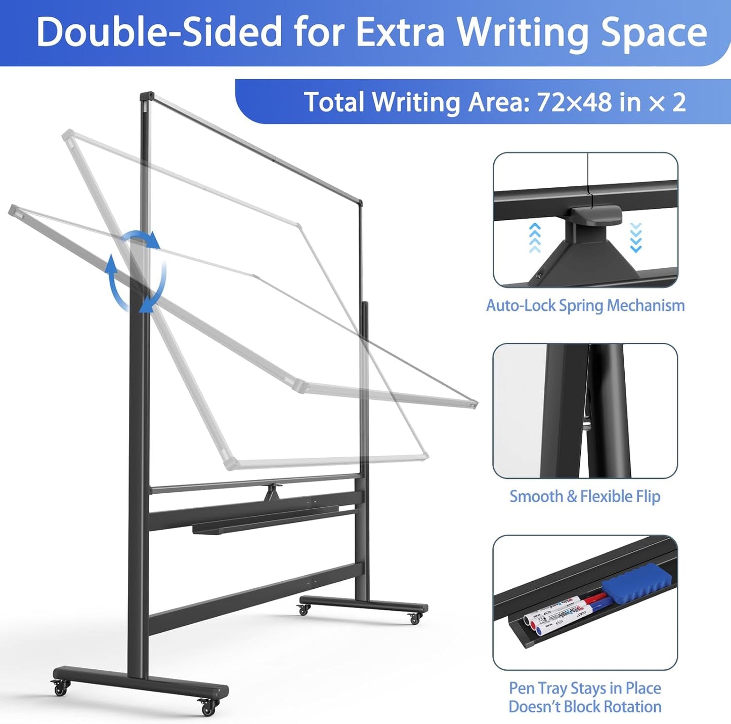 Large 72 x 48 Inch Magnetic Rolling Whiteboard, Double-Sided Dry Erase Board with Stand and Wheels, Mobile White Board for Home, Office, School (Black)