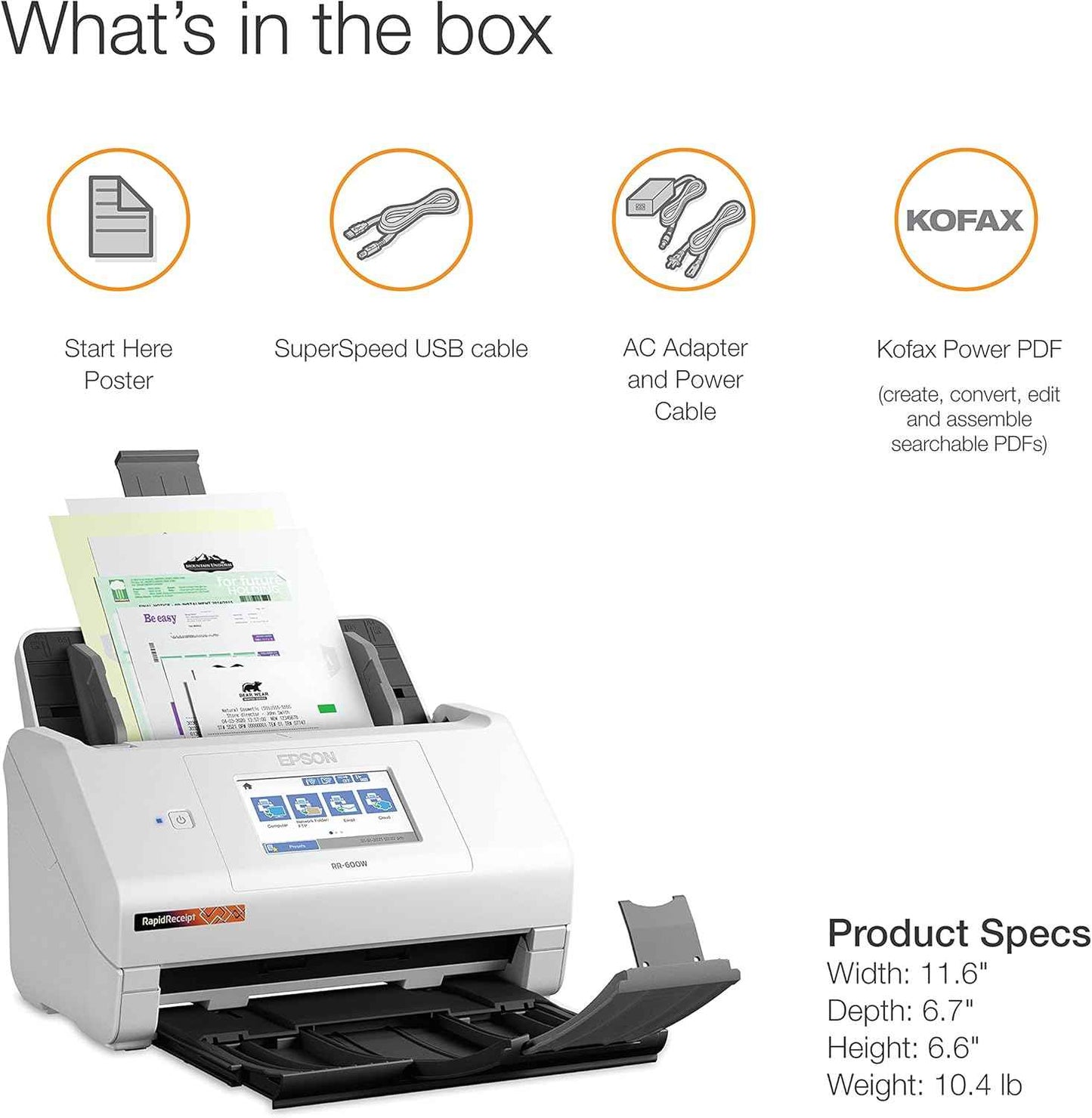 Epson RapidReceipt RR-600W Wireless Desktop Color Duplex Receipt and Document Scanner with Receipt Management Software, Touchscreen and Auto Document Feeder. Full 1-Year Limited Warranty (Renewed)
