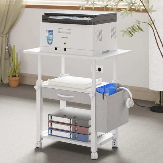 Large 22"x15" Printer Stand, 3-Tier Height Adjustable with Storage Drawer & Side Bag, Rolling Cart for Heat Press/Laser/3D Printer (White)