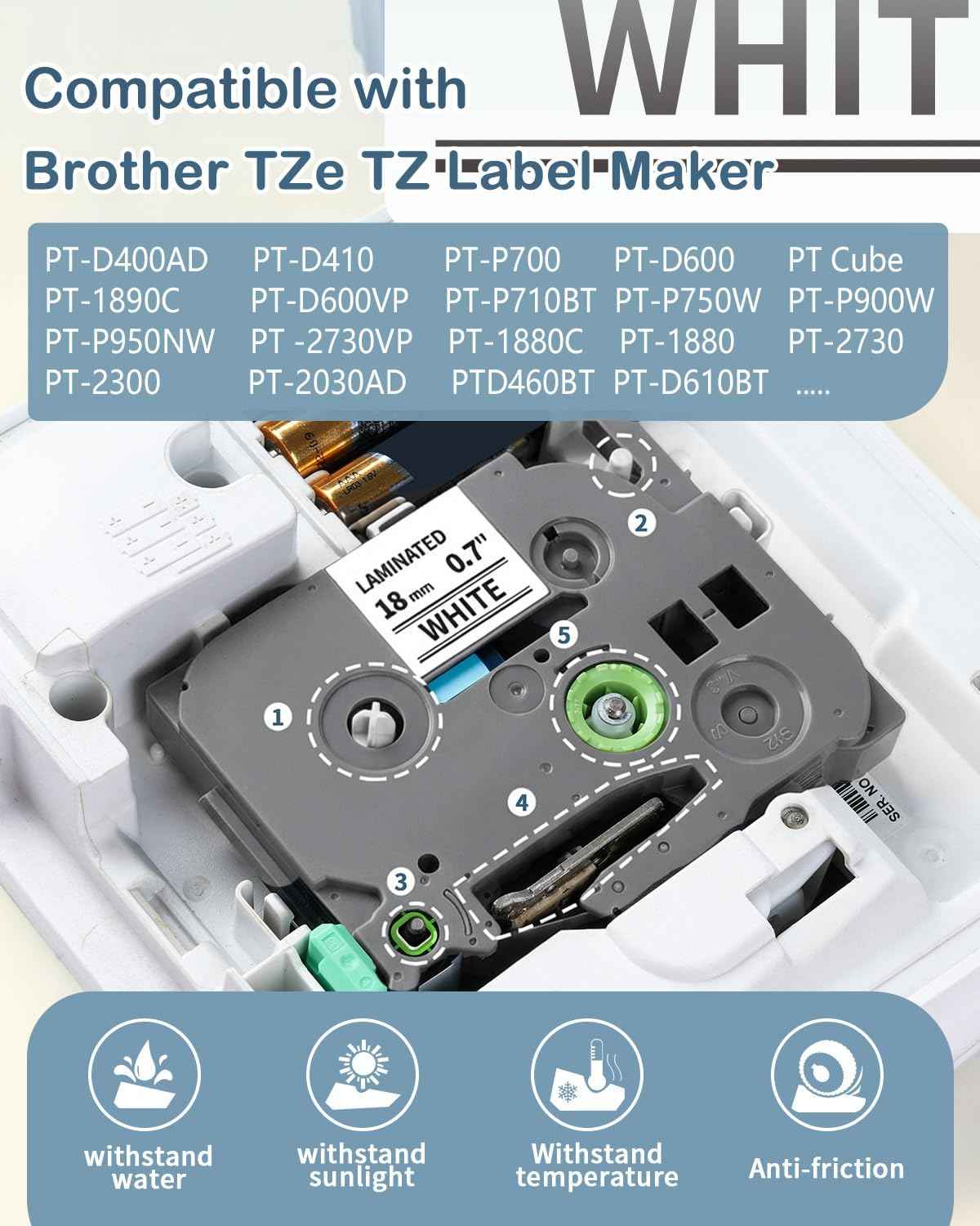 18mm Label Tape Replacement for TZe Tape 18mm 0.7’’ Laminated White Brother P-Touch Label Maker Tape 3/4’’ Compatible with Ptouch PTD400 PT-D410 PTD600 PTD610BT PTD400AD PT1880, 4-Pack