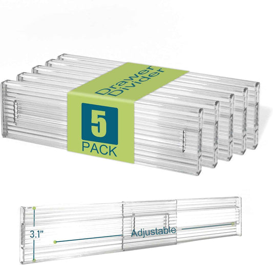 Expandable Clear Drawer Dividers - 3.1'' Height, 11-19'' Adjustable Drawer Separators, Expandable Dresser Organizers in Bedroom, Bathroom, Closet, Clothing, Office, Kitchen Storage
