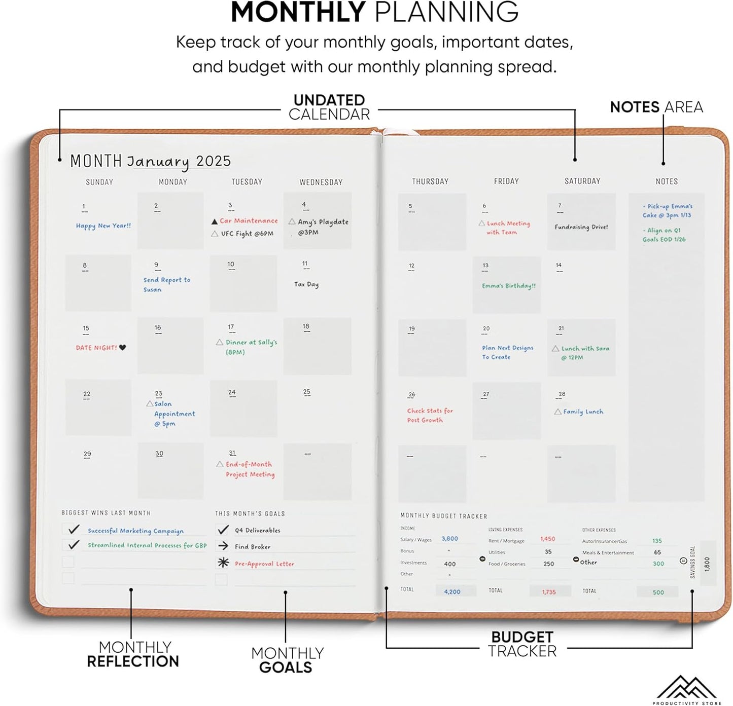 2025 Planner Pro 5.8 x 8.3 - Undated Productivity & Business Planner Notebook & Journal - Monthly Planner 2025 & Daily Planner 2025-2026 - A5 - Brown - Productivity Store