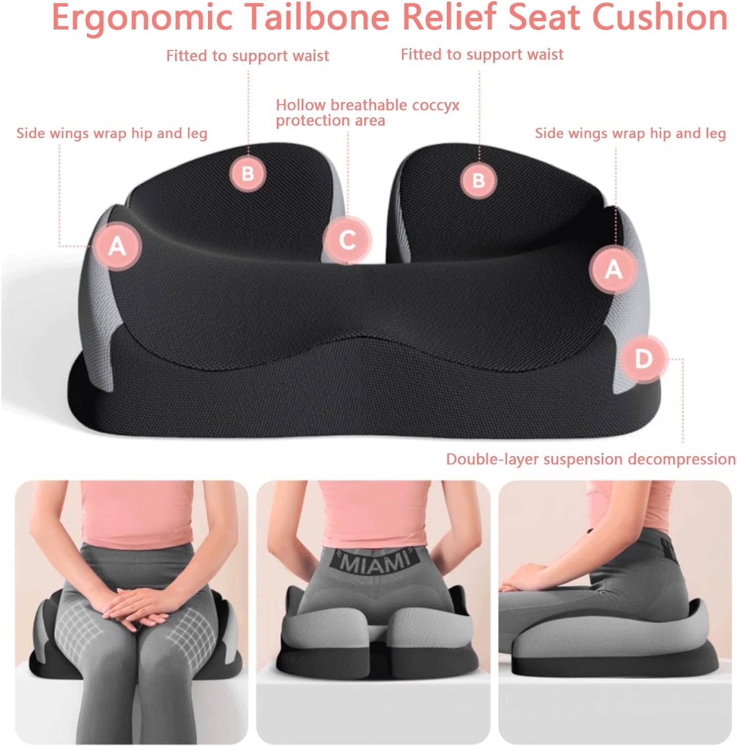 Seat Cushions for Office Chairs Wheelchair Cushion for Long Sitting Back Pain，Memory Foam Seat Car Computer Desk Chair Cushion，Coccyx Cushion for Tailbone Pain Relief Cushion Office Chair Black