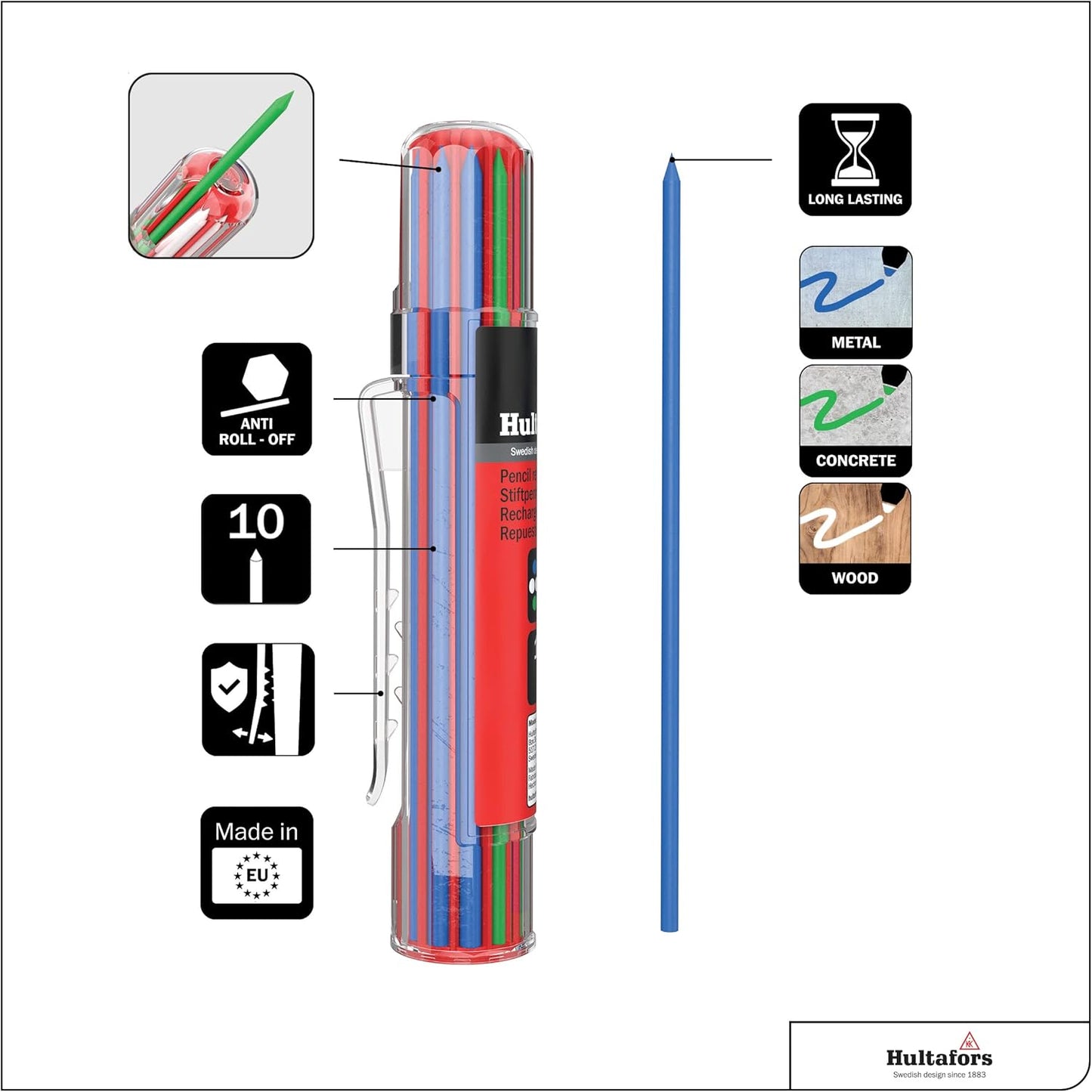 Hultafors Tools 650140U Dry Marker Refills HRD, Heavy Duty, Multi-Purpose, Blue, Green & White, 10 Leads