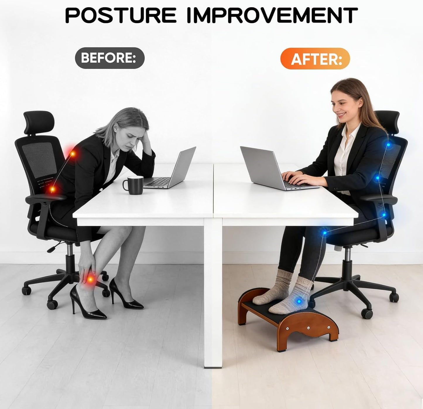 Foot Rest Under Desk – Ergonomic Solid Wood Under Desk Footrest with Non-Slip Silicone Top & Rubber Feet, 10° Tilt Foot Stool for Office Home, 40×28×16cm