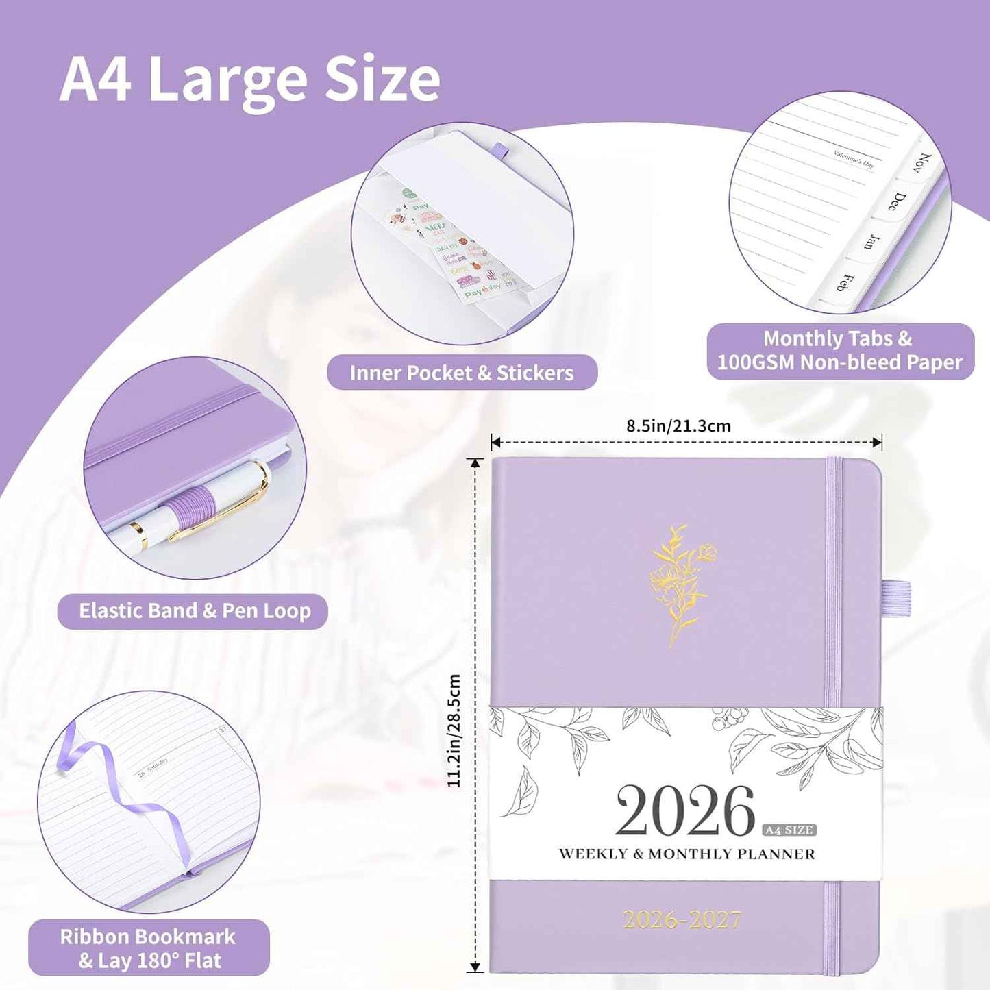 Planner 2026-2027, 8.5" x 11" Weekly and Monthly Planner with Tabs from Jul 2026 - Jun 2027 Academic Year, A4 Large Hardcover Agenda Calendar with Date for School & Office Schedule, Purple
