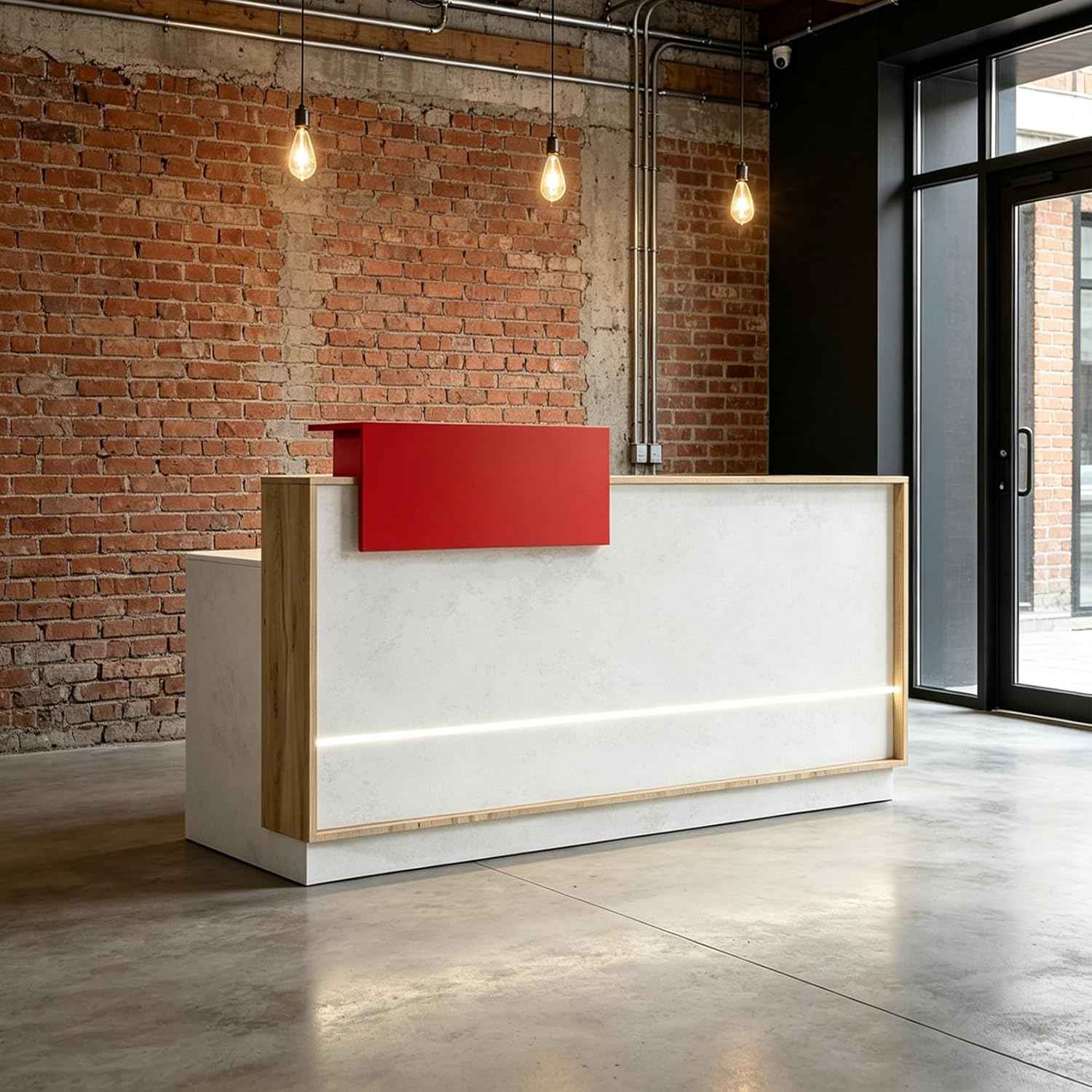 Modern Reception Desk with Counter & LED,Front Office Desk with Drawer, Keyboard Tray & Cabinet, White Stone Look & Wood for Hotel, Salon, Retail, Office Lobby (Right, 70.86 in)