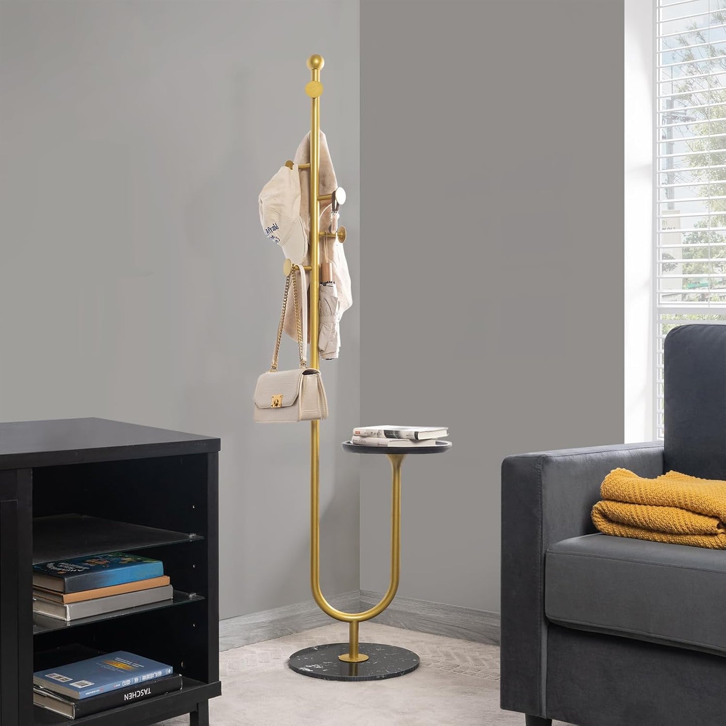 Coat Rack Stand, Metal Coat Tree with Bamboo Tray & 6 Hooks, Heavy Duty Marble Base Corner Coat Stand for Bedroom Hallway Entryway Living Room Office 13.78 x 13.78 x 68.11 Inches (Gold) - Lumora Desk