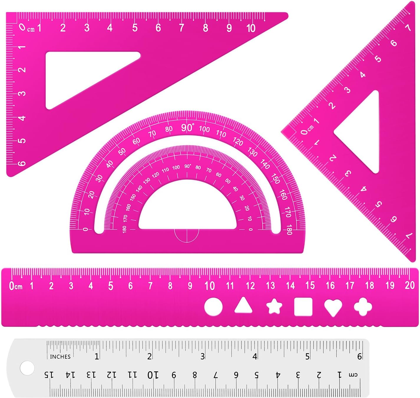 Honagu Triangular Ruler Set, 4+1Pieces Aluminum Alloy Ruler, Metal Drafting Ruler, Geometric Protractor for Students, School Office Supplies (Pink, 20cm)