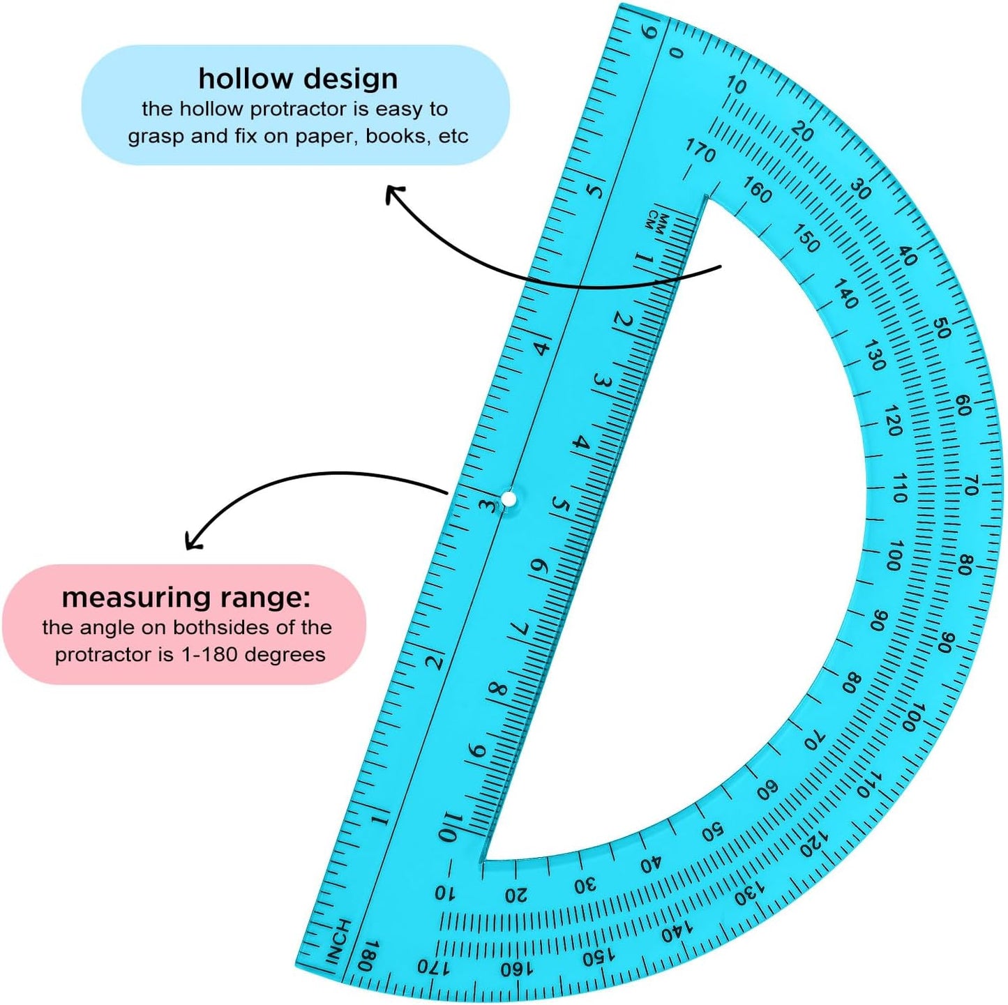 Zonon 12 Pack 6 Inch Plastic Protractor Back to School Protractors 180 Degrees Pink Blue Clear Protractors for Classroom Math Teacher Student Office Supplies