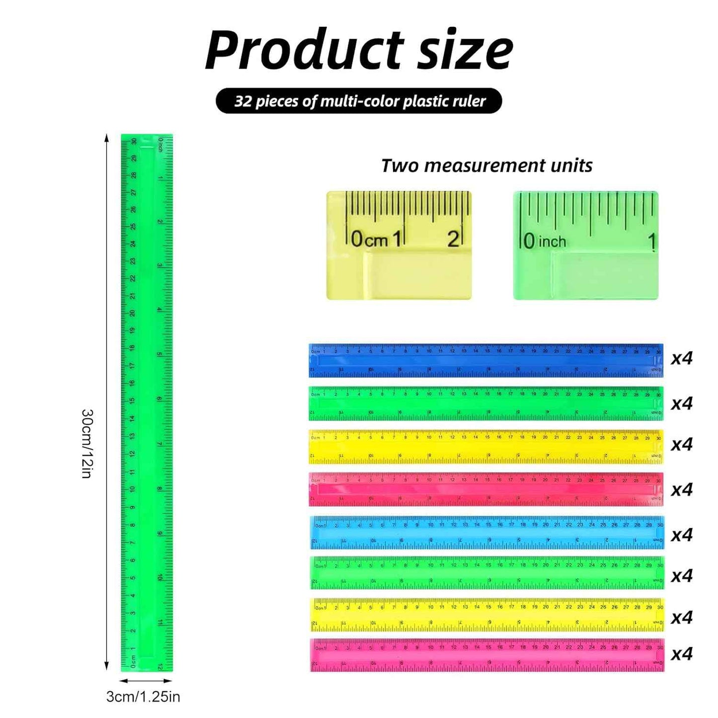 32 Pack 12 Inch Plastic Rulers,Transparent and Opaque Assorted Colors Ruler Set with Inches and Centimeters,Bulk Metric Rulers for School, Classroom, Office, or Home Supplies