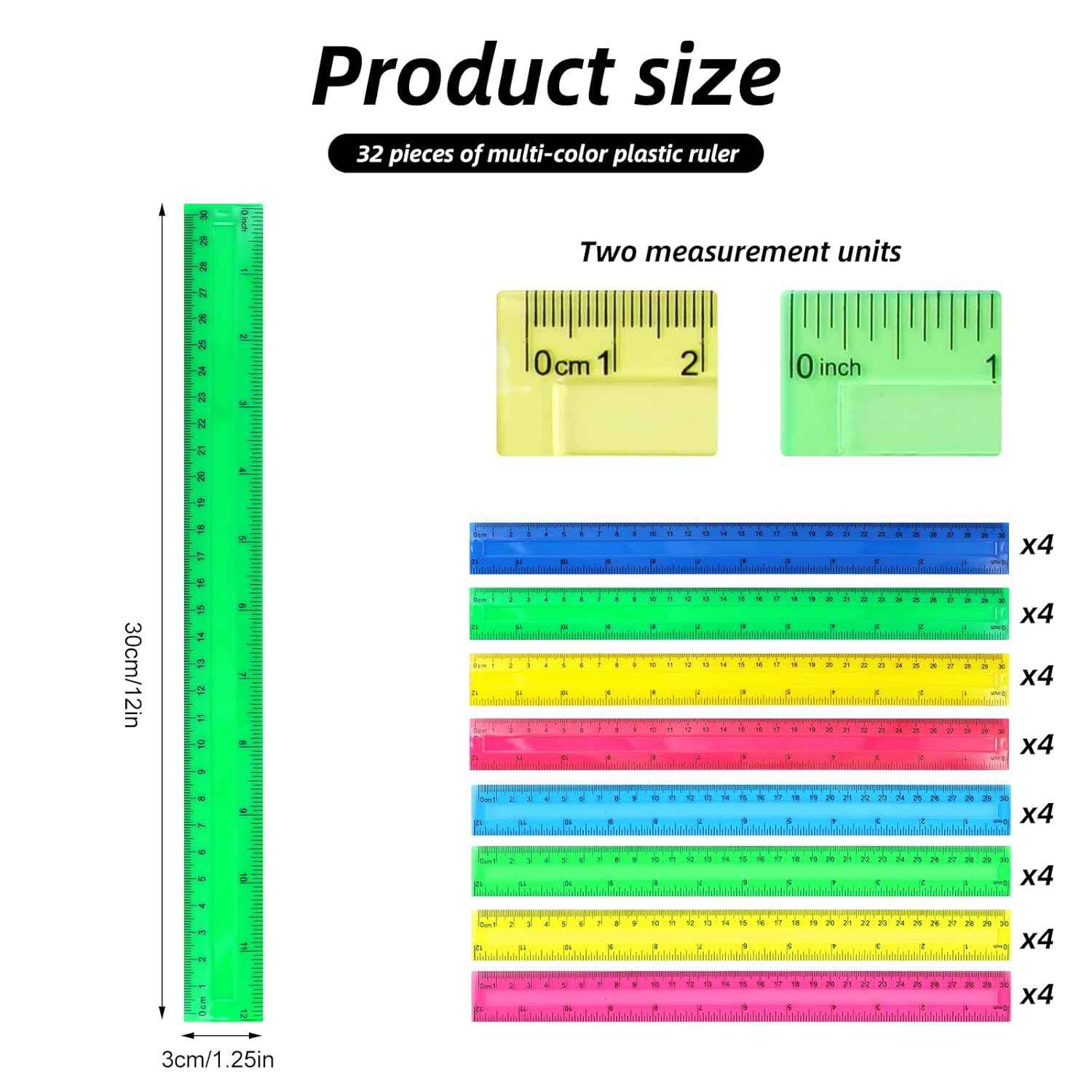 32 Pack 12 Inch Plastic Rulers,Transparent and Opaque Assorted Colors Ruler Set with Inches and Centimeters,Bulk Metric Rulers for School, Classroom, Office, or Home Supplies