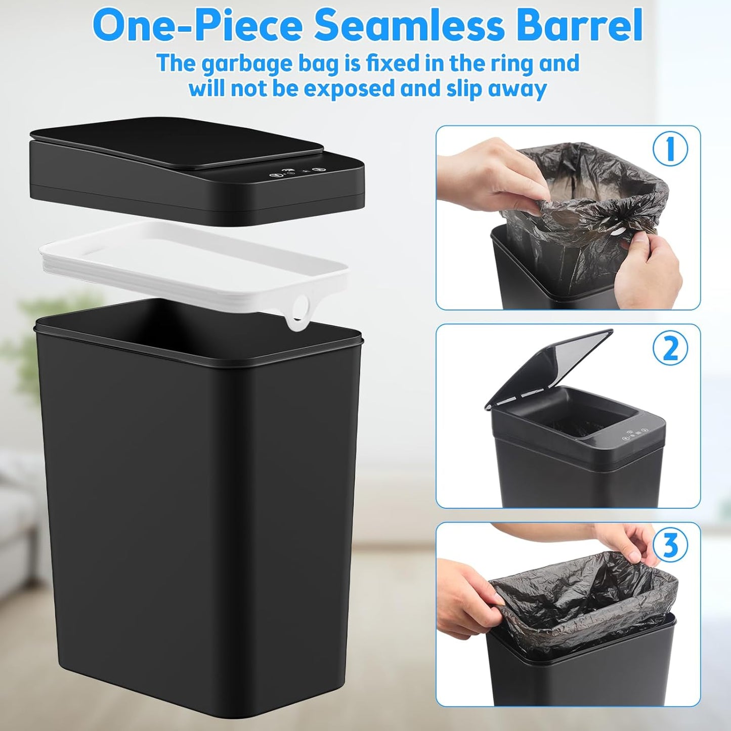 Bathroom Trash Can with Lid, 2 Pack 4 & 2.2 Gallon Automatic Touchless Garbage Can, Small Motion Sensor Smart Trash Can, Slim Waterproof Trash Bin for Bedroom, Bathroom, Office, Living Room (Black)