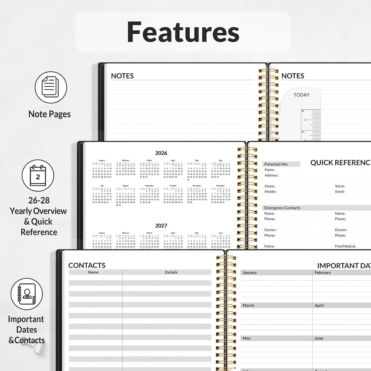SUNEE 2026 Weekly and Monthly Planner - from January 2026 - December 2026, 6.4" x 8.3" Daily Agenda Planner with Monthly Tab, Flexible Cover, Note Pages, Pockets, Bookmark, Spiral Binding, Black