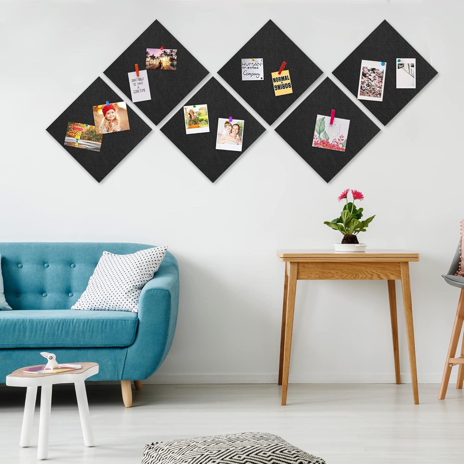 AKTOP Black Cork Bulletin Board 12x12, 1/2" Thick Felt Cork Board Tiles 12 Pack, Small Square Pin Board for Wall, Self Adhesive Corkboards with 120 Push Pin Wood Clips for School, Home & Office - Lumora Desk