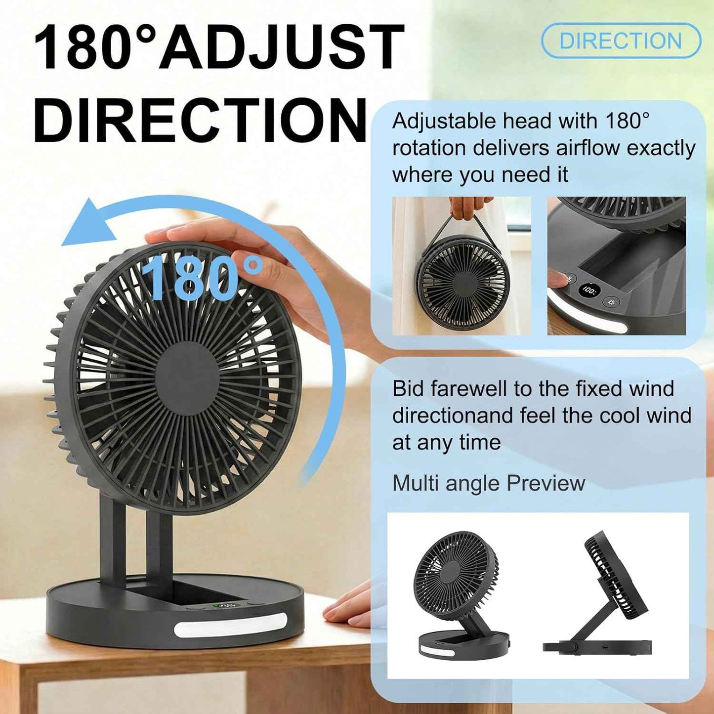 Qoqooice Portable Fan, 3600 mAh Rechargeable Battery Operated Fan with 5 Speeds, USB Powered, Quiet Personal Desk Fan for Office Home, Outdoor, Camping, Travel (Black)
