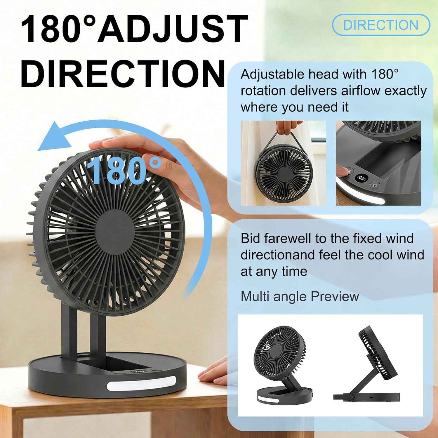Qoqooice Portable Fan, 3600 mAh Rechargeable Battery Operated Fan with 5 Speeds, USB Powered, Quiet Personal Desk Fan for Office Home, Outdoor, Camping, Travel (Black)