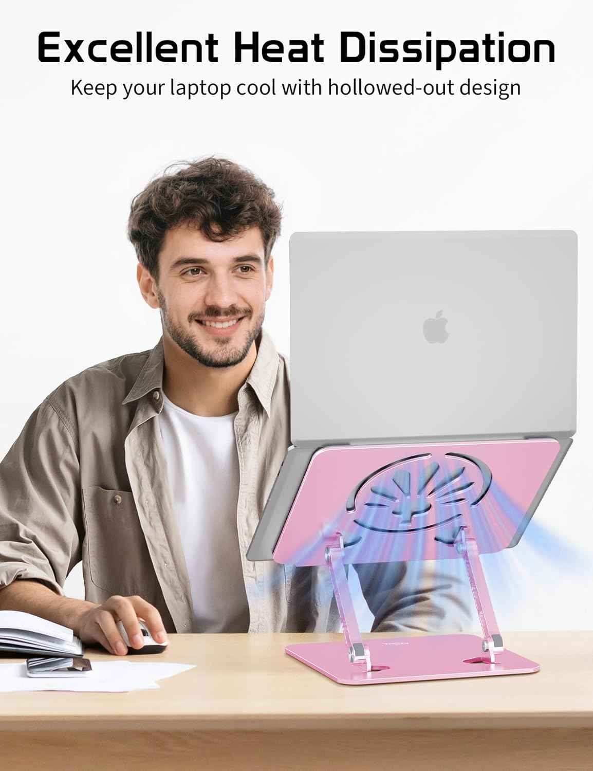 Aluminum Laptop Stand Adjustable Height & Angle | Ergonomic Riser for MacBook, Notebook & Tablet | Foldable, Portable, Ventilated Design for Office, Home, Travel – Fits 10"-15.6" Devices,Pink