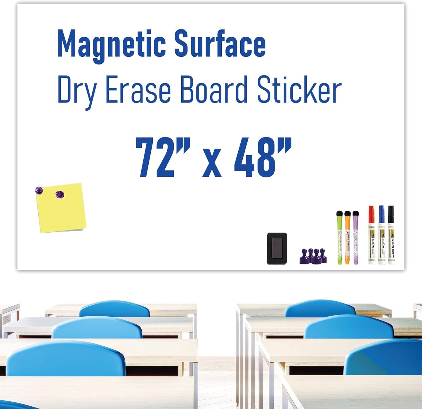 Large Magnetic Whiteboard for Wall - Adhesive Backing 72" x 48" Dry Erase Board White Board Sheet for Conference Room Office Home Include Starter Kit