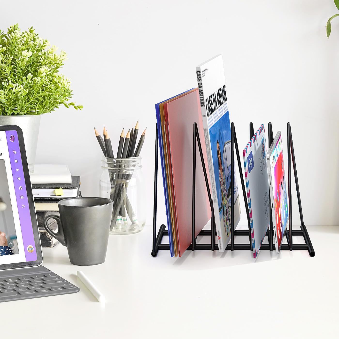 TOPCJ 2 Sets Upgraded Triangle File Folder Rack,7 Sections File Holder,File Storage Sorter/Stand,Desktop File Organizer,Wire Organizer Rack,Magazine Folder Holder,Letter/Legal, Anti-Scratch/Rusty