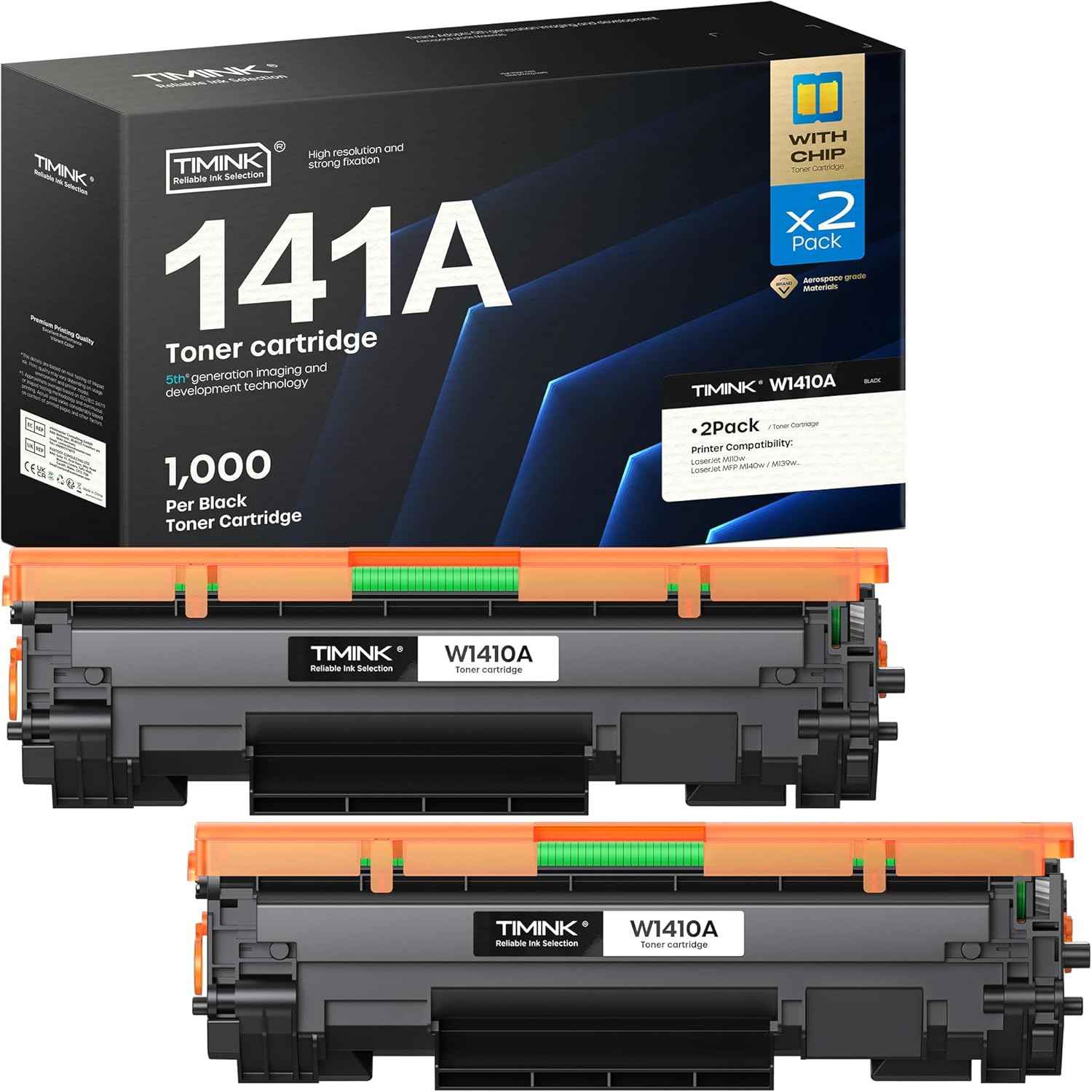 141A Toner Cartridge with Chip, High Yield Replacement for HP 141A W1410A 141X W1410X Black Toner Cartridge, Compatible with LaserJet Pro M110w MFP M139w M140w Printers(2 Black)