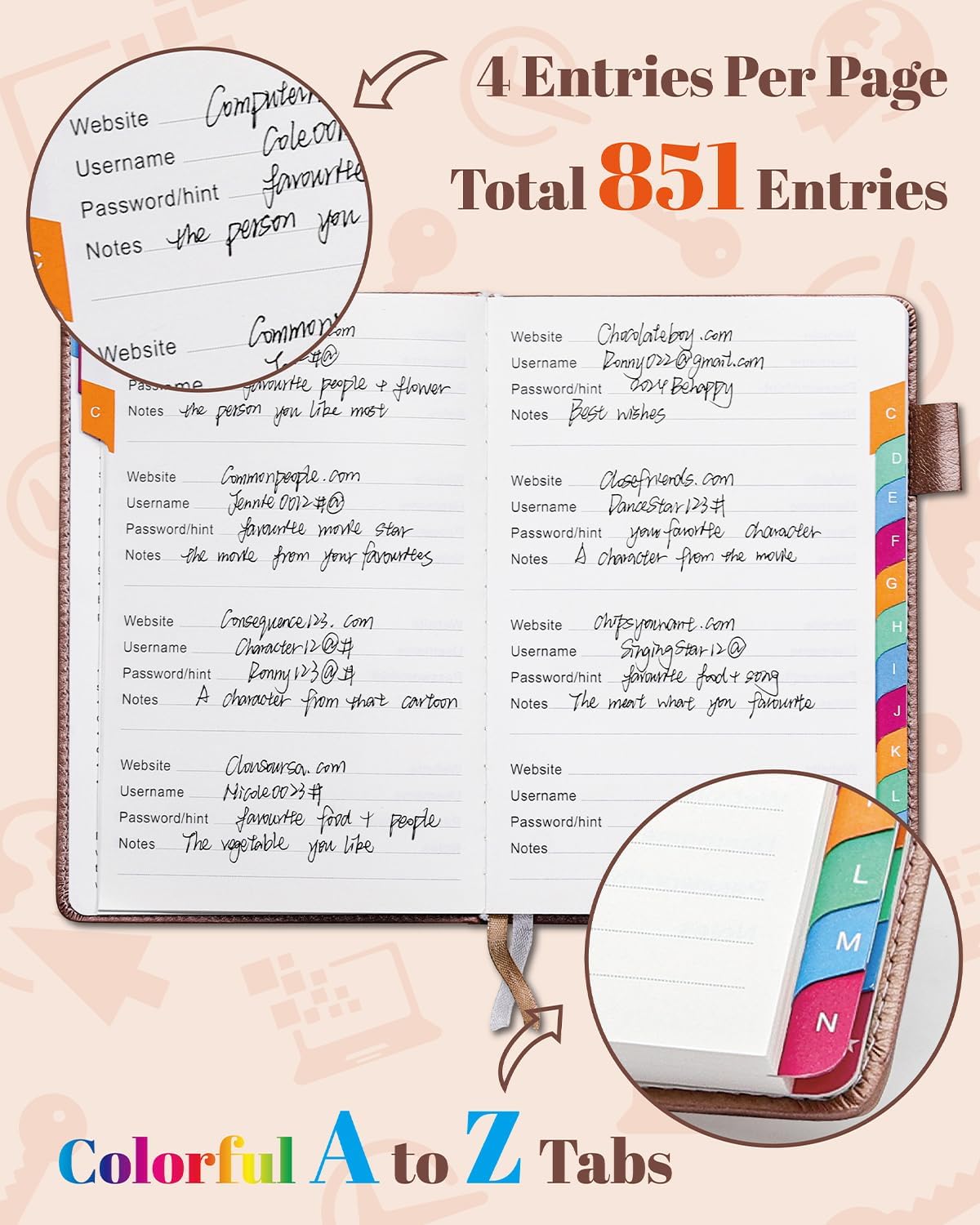 Password Keeper Book with Colorful Alphabetical Tabs, Hardcover Password Log-book for Internet Password and Website Address, 5.8"×8.4" Password Notebook for Home Office (Rose Gold)