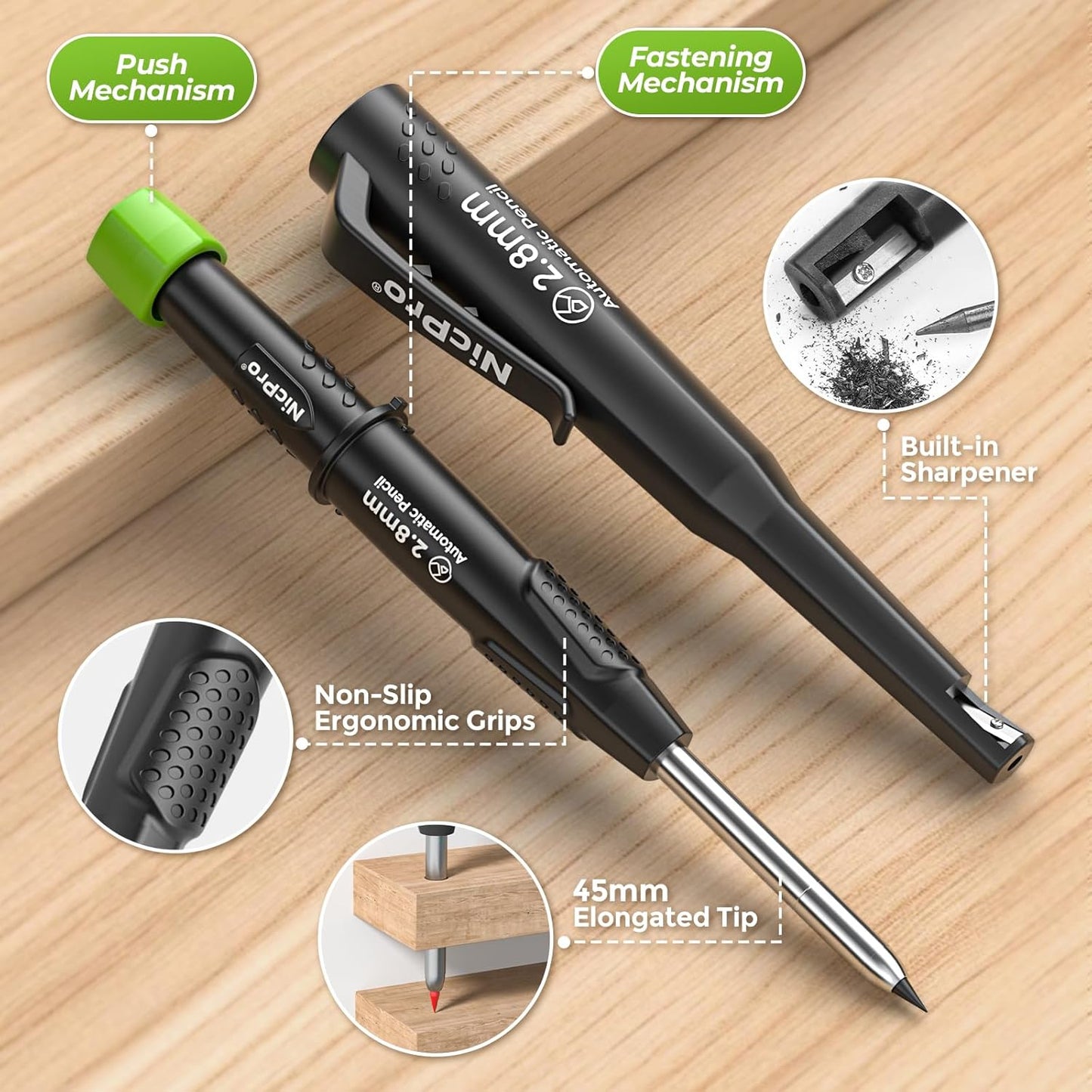 Nicpro Carpenter Pencil with Sharpener & Belt Clip, CP3000 Mechanical Pencils with 6 Refills in a Lead Dispenser, Deep Hole Long Nib Marker Pens for Construction, Woodworking Marking Carpenter Tools