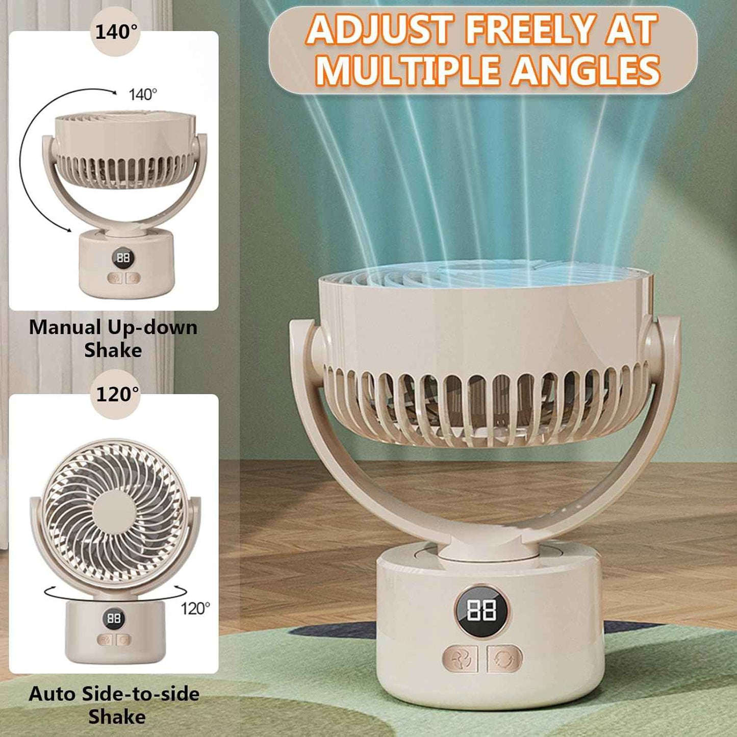 3-Speed USB Desktop Fan with 3600mAh Battery | Quiet Bionic Feather Blades, 140° Tilt & Auto Shake | Portable Cooling for Home, Office Fan, Camping (Beige)