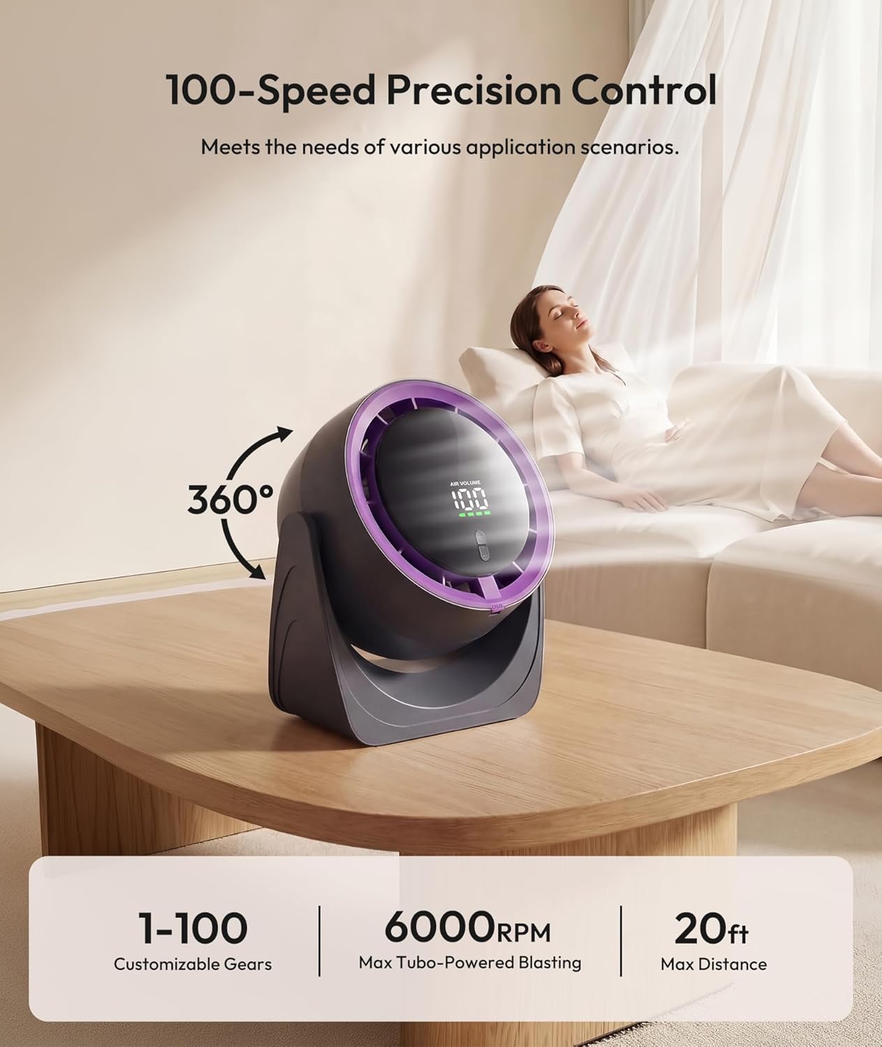 Sponvatt Rechargeable USB Desk Fan for Bedroom, Quiet Table Fan With Turbo Airflow, 100 Speeds,LED Digital Display, 360° Rotating, Small Personal Cooling Fans for Bedroom Home Office Dorm (Purple)
