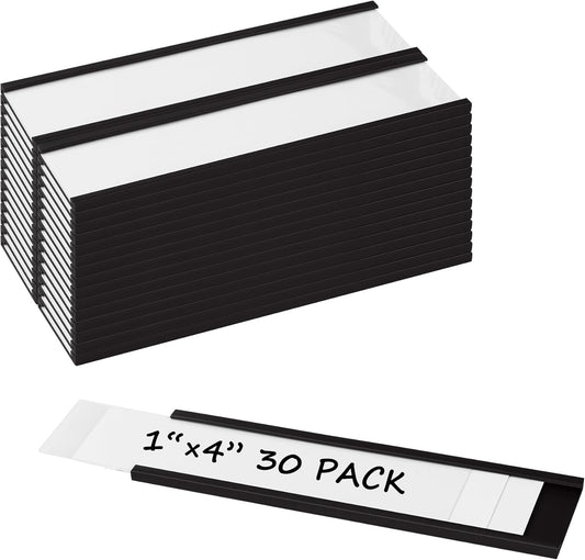 Realth C Channel Magentic Label Holders 30 Pack 1'' x 4'' with Paper Inserts and Clear Plastic Protectors, Magnetic Data Card Holders File Cabinet Labels for Metal Racks and Shelves