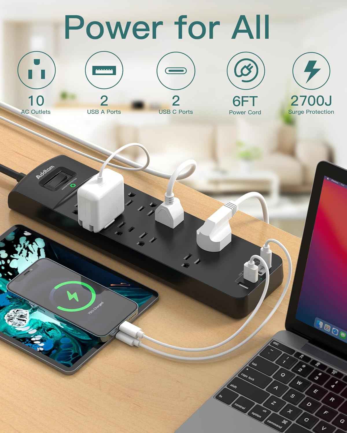 Addtam Power Strips with Surge Protection, 6FT Extension Cord with Multiple Outlets, Surge Protector Power Strip with 10 Outlets and 4 USB Ports(2 USB C), Flat Plug, 2700J, Black