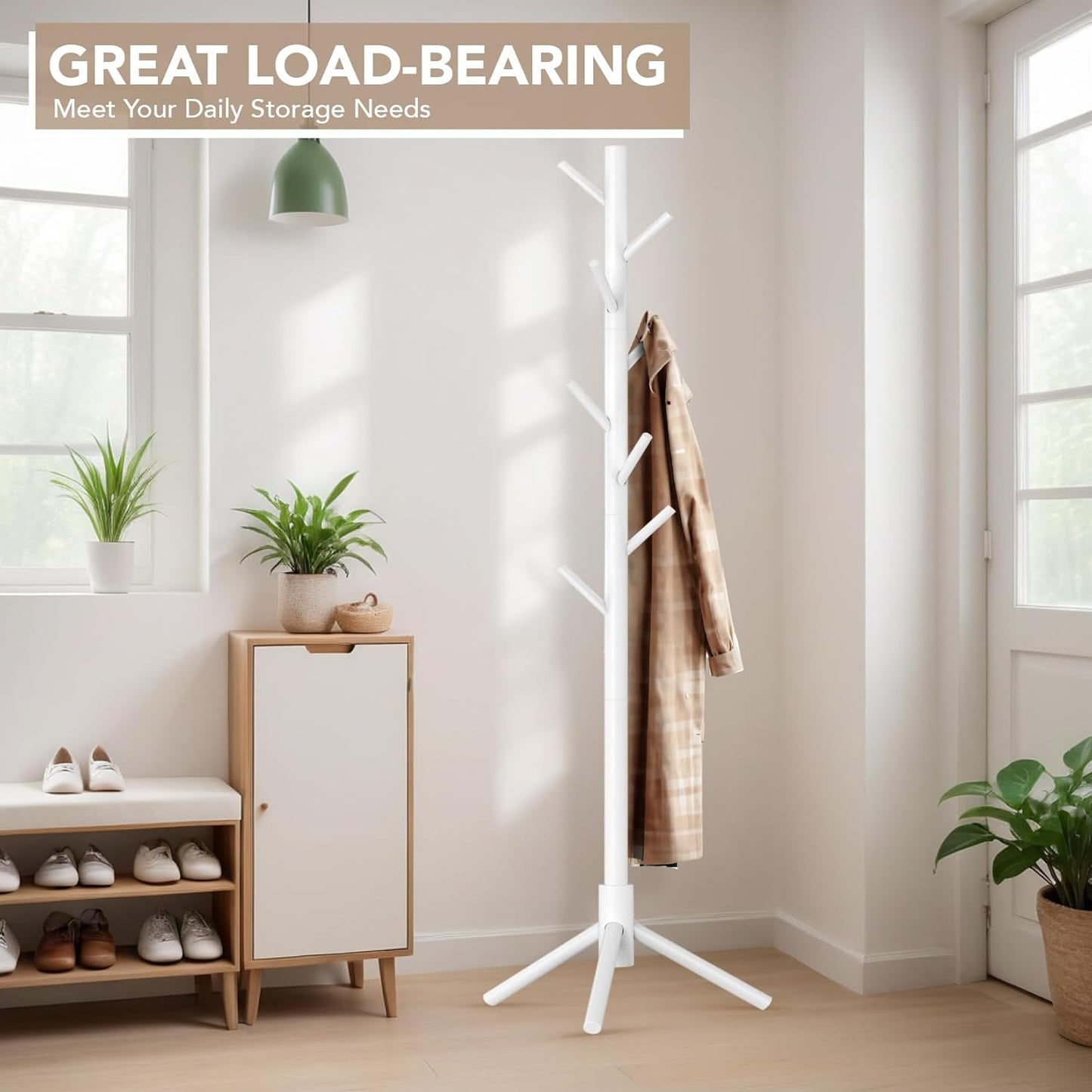 Wooden Tree Coat Rack Stand,Sturdy Freestanding Coat Rack with 8 Hooks,3 Adjustable Height for Child Adult,Wood Coat Stand Tree Fits Entryway Bedroom Office for Bags,Hats, 2 Pack - Lumora Desk