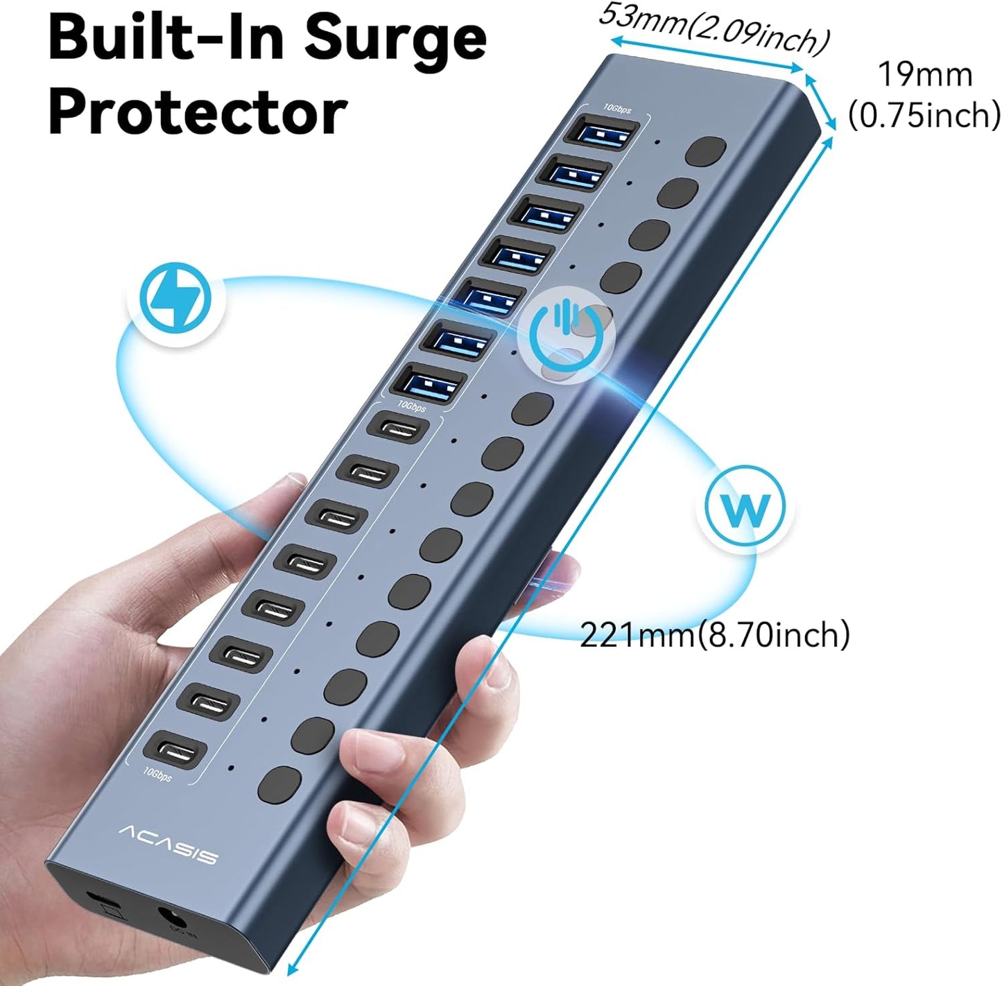 Powered USB 3.2 Hub, ACASIS 16 Ports USB 3.2 Hub(8 USB-A 3.2 Ports+8 USB-C 3.2 Ports), Aluminum USB Hub Powered with 96W Power Adapter, USB Hub for PC/Laptop, Computer, Flash Drive, Printer, Camera