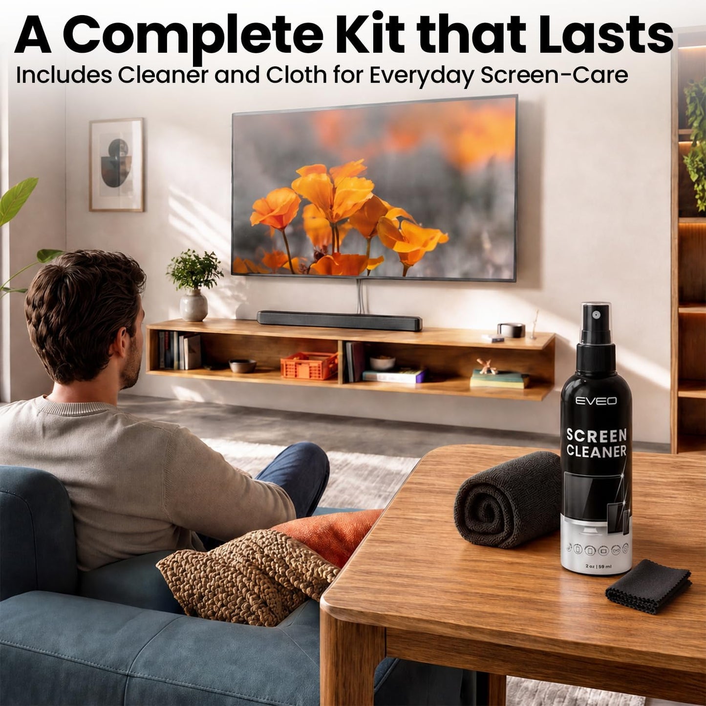 Screen Cleaner Spray and Wipe - TV screen cleaner spray and 2 Microfiber cloths, Computer Screen Cleaner, TV screen cleaner for Smart TV & Monitor, Laptop, MacBook, iPad and Electronic Devices - (2oz)