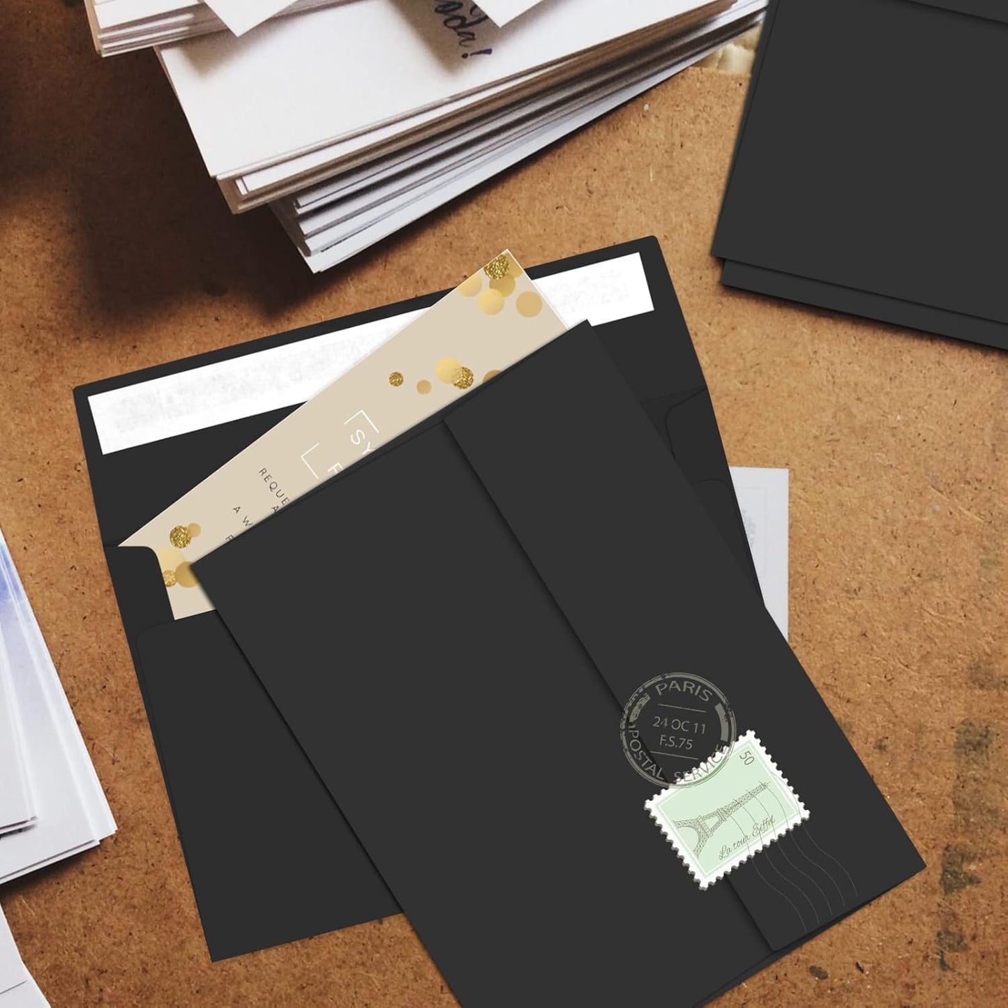 50 Packs 5x7 A7 Envelopes for Invitations, Photos, Greeting Cards - Self Seal for Weddings, Mailing (Black) - Lumora Desk
