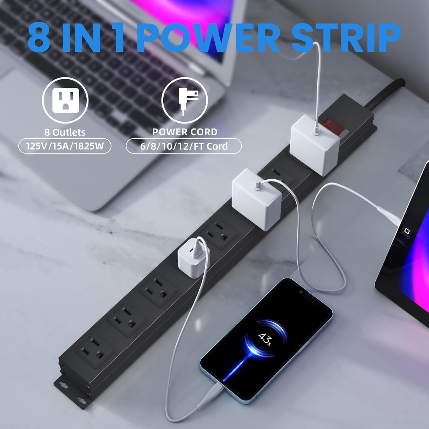 8 Outlets Heavy Duty Power Strip with 8 Ft UL 14AWG Power Cord Straight Plug and Switch,Wide Spaced Shop Power Strip Metal for Commercial,Industrial,School and Home,15A 125V 1875W,Black(8FT)