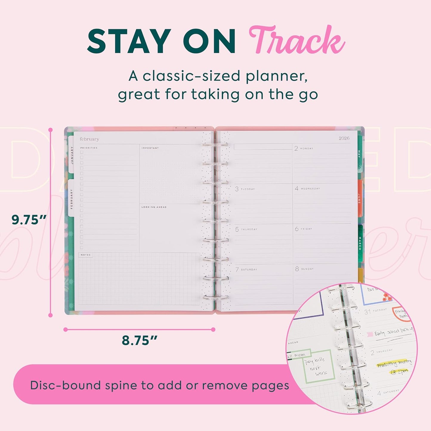 Happy Planner Disc-Bound Planner Jan.–Dec. 2026, Includes 3 Extra Months and 2 Sticker Sheets, Classic Size, 7" x 9.25", Dashboard Layout, Floral Color Beat
