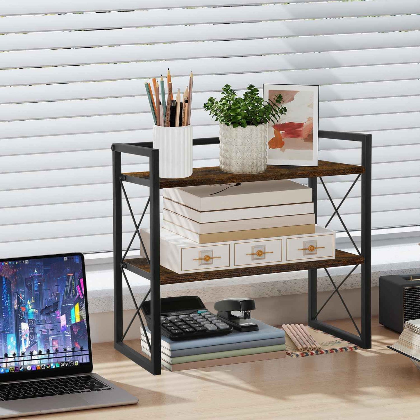 YINMIT Desktop Shelf Organizer, 2 Tier Office Shelves, Wood Desk Organizer Storage Rack and Freestanding Display Shelf for Office, Dormitory, Home
