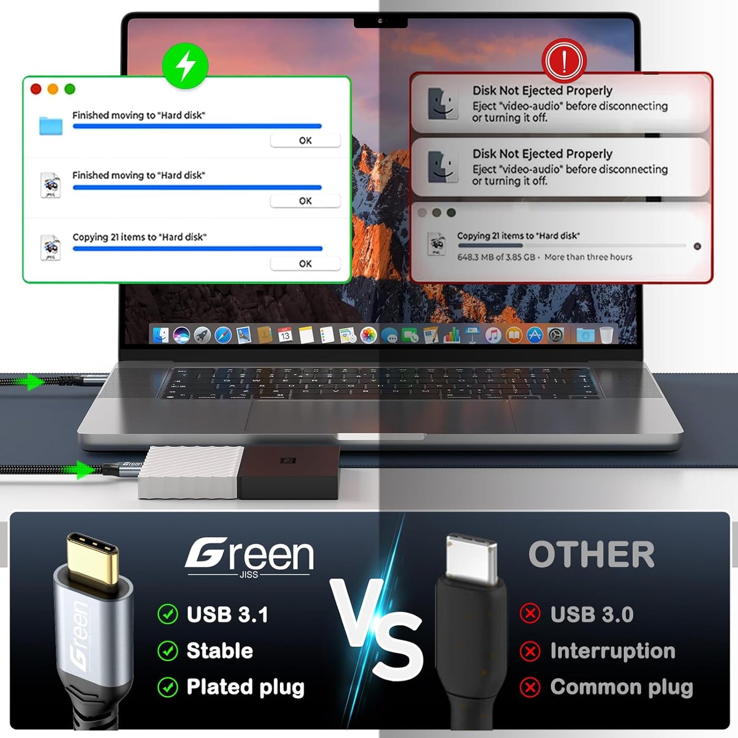 Green Jiss® 10 Gbps USB C to Micro B Hard Drive Cable, 1.5FT Gold-Plated Heavy Duty External Hard Drive Cable for iPhone 17/16/15, WD, Seagate, MacBook Pro/Air, iPad, LG, Galaxy S24 & More