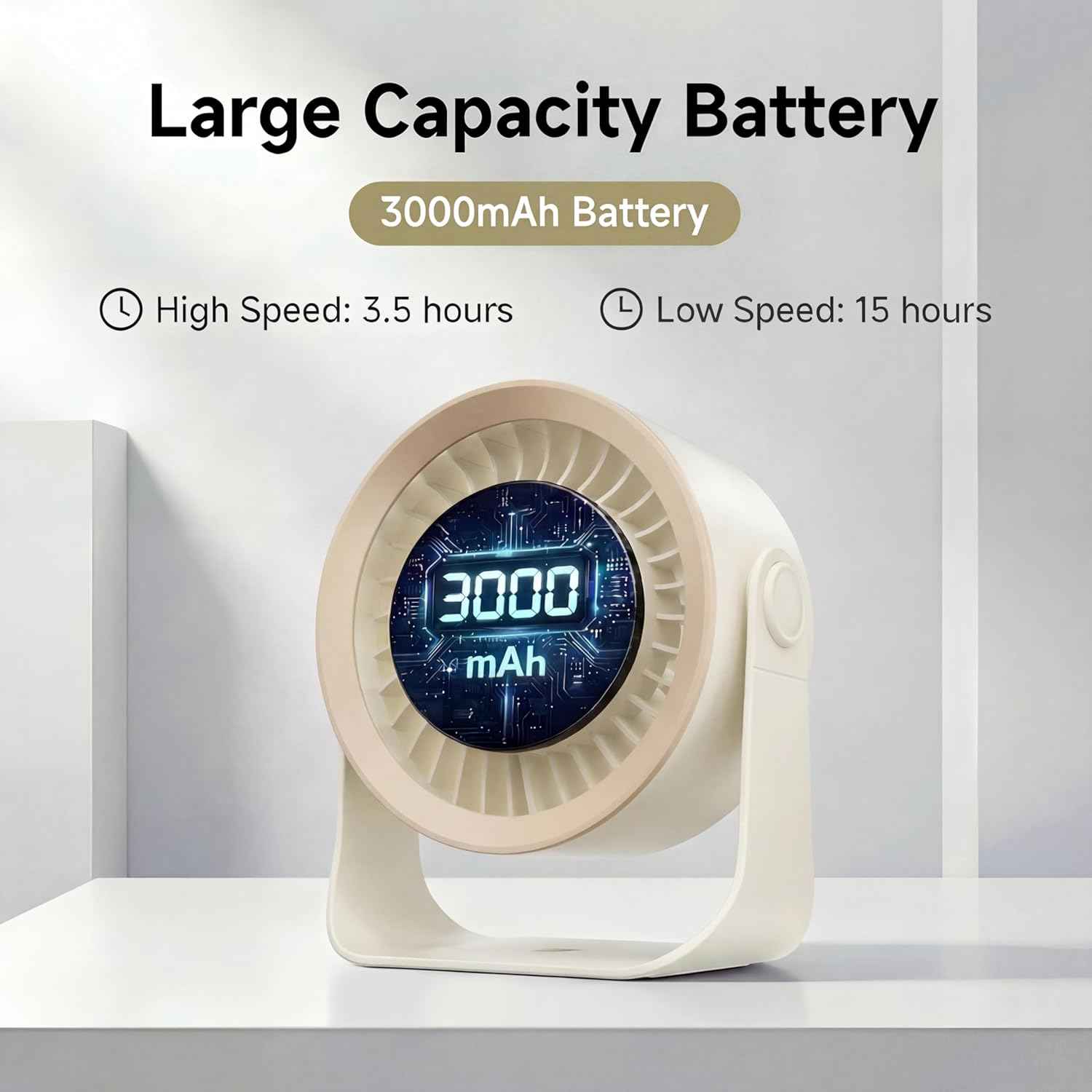 Mini Desk Fan, Small USB Rechargeable Quiet Desktop Fan, Cooling Table Electric Fan with LED Digital Display, 360°Adjustable Tilt for Bedroom, Office & Home (Khaki)