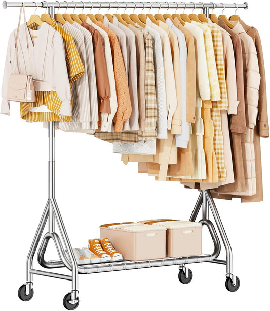 Heavy Duty Clothing Rack, Metal Clothes Rack Load 450 LBS, Rolling Coat Racks for Hanging Clothes with Lockable Wheels, Wardrobe Closet Garment Racks for Bedroom, Silver - Lumora Desk