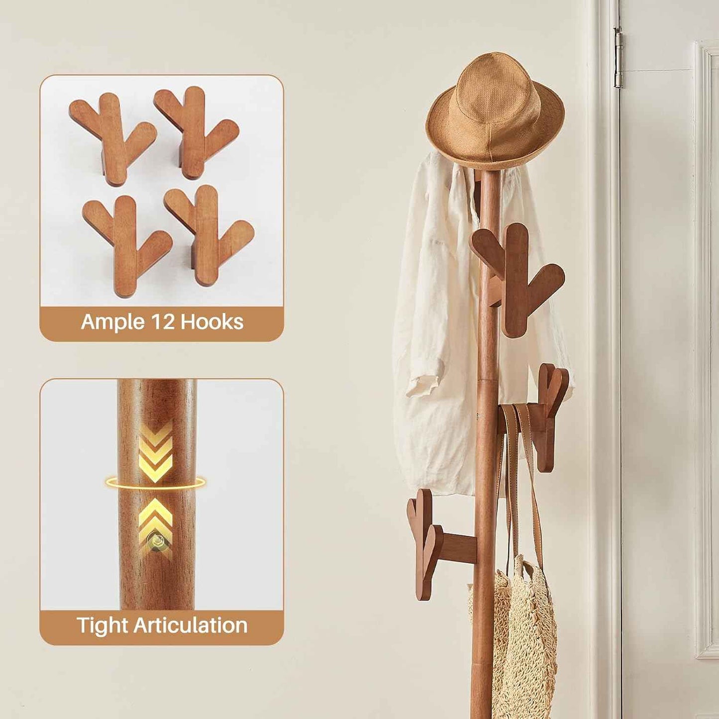 Uniclinens Solid Wood Coat Rack Freestanding with Umbrella Holder, Tree Coat Rack Stand with Lockable Universal Casters & 12 Hooks for Entryway Bedroom, Walnut