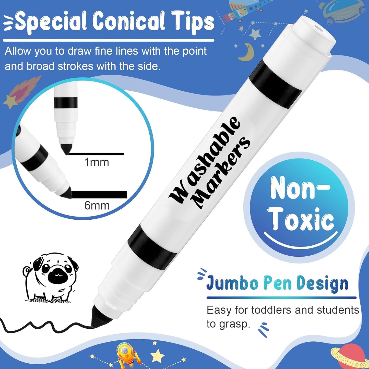 Janlaugh 60 Pcs Black Washable Markers Bulk Coloring Broad Line Markers for Kids Conical Tip Black Drawing Pens for Classroom Back to School Travel Art Baby Shower Gender Reveal Supplies, Ages 6+