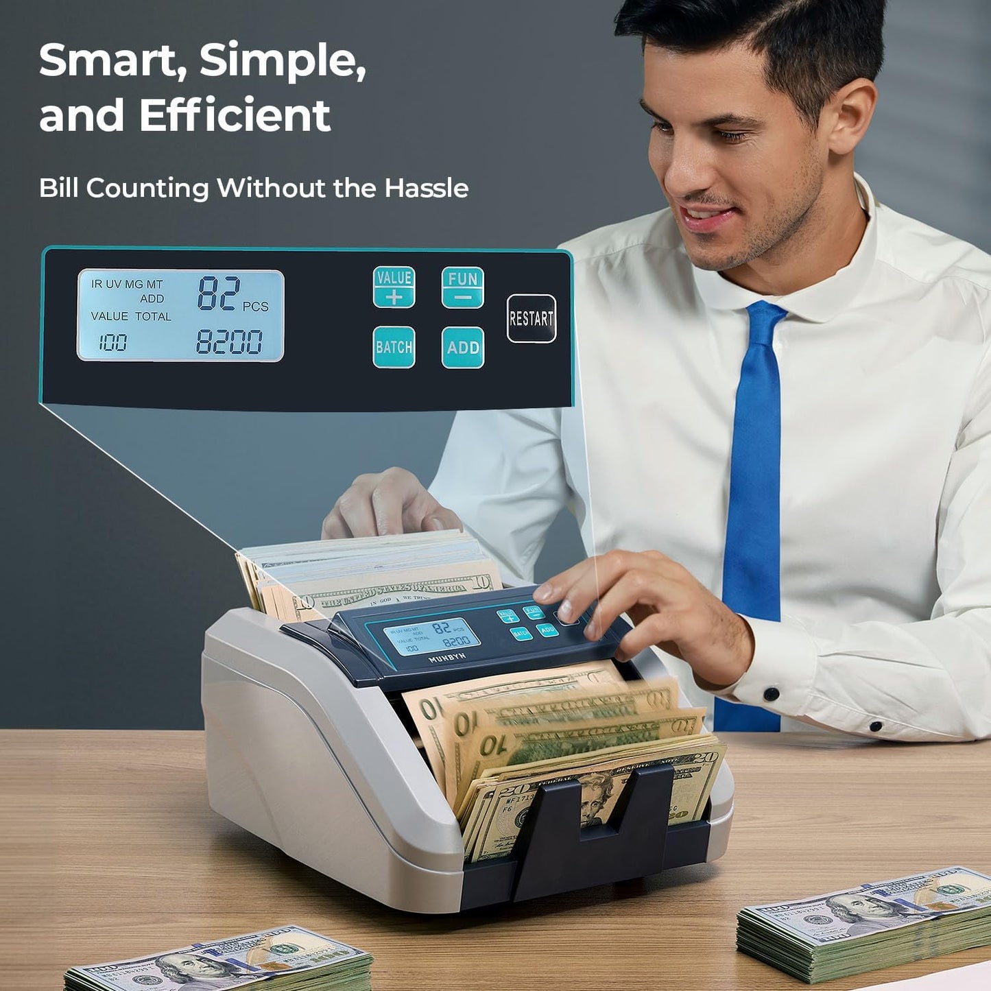 MUNBYN IMC51 Money Counter Machine Count Value, Add+Batch/Add+ Value Mode Bill Counter, UV/MG/IR/MT Detection, USD only Cash Counter,1100 Bills/min, Money Counting Machine with LCD Display (Gray)