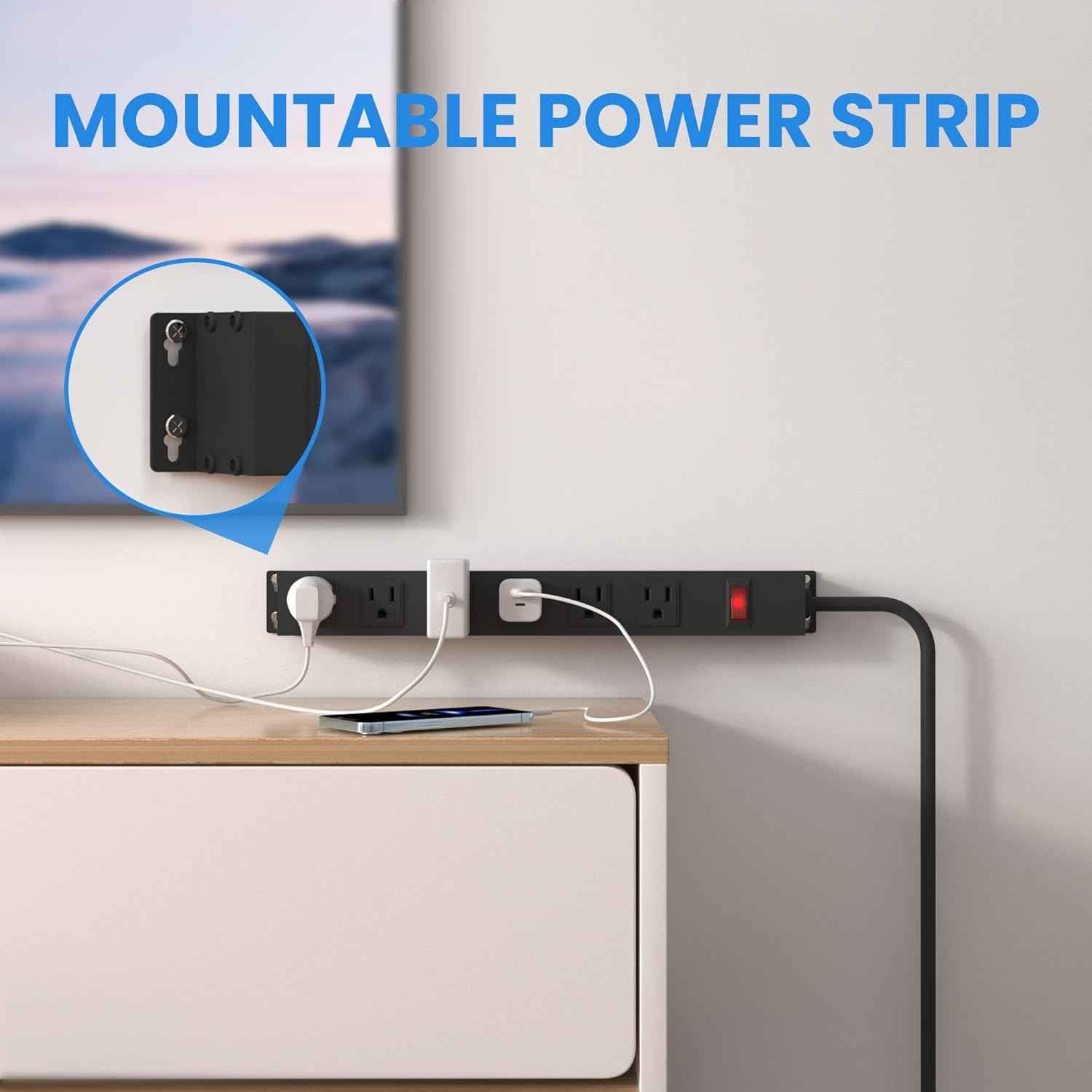 Power Strip with 6AC Outlets 6 Ft UL 14AWG Cord Straight Plug,Metal Wall Mount Heavy Duty Power Strip with Switch for Commercial,Industrial,School and Home,15A/125V/1875W,Black(6FT)