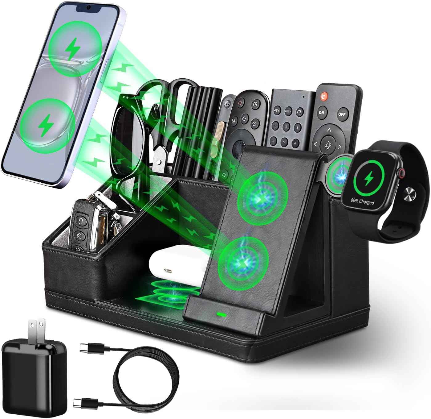 LADSTAG Black Leather Desk Organizer With Charging Station,Office Supplies Desk Accessories,Pen Holder for Desk,Remote Control Holder,Desk Organizer With Phone Charger,Nightstand Desktop Organizer