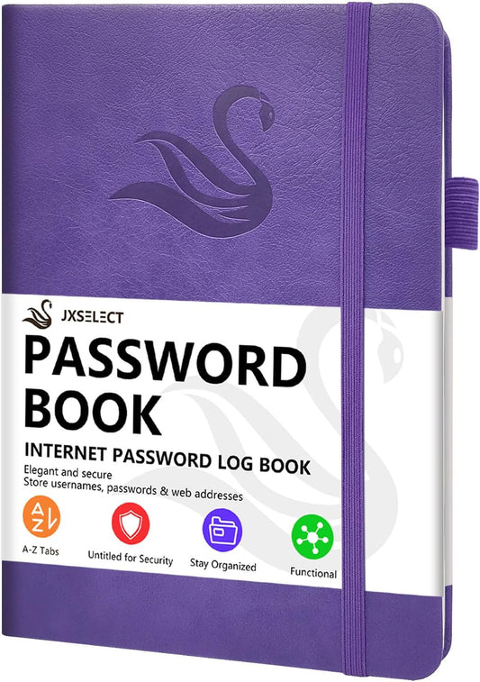 Elegant Password Book with Alphabetical Tabs - Hardcover Password Book for Internet Website Address Login - 5.2" x 7.6" Password Keeper and Organizer w/Notes Section & Back Pocket (Violet Purple)