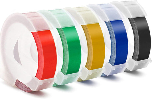 Embossing Label Tape Compatible with Dymo Label Maker,3/8 Inch 3D Plastic Labels Replacement for Dymo Organizer Xpress 12965 DYM 12966 Office Mate II (White on Black/Red/Blue/Yellow/Green)