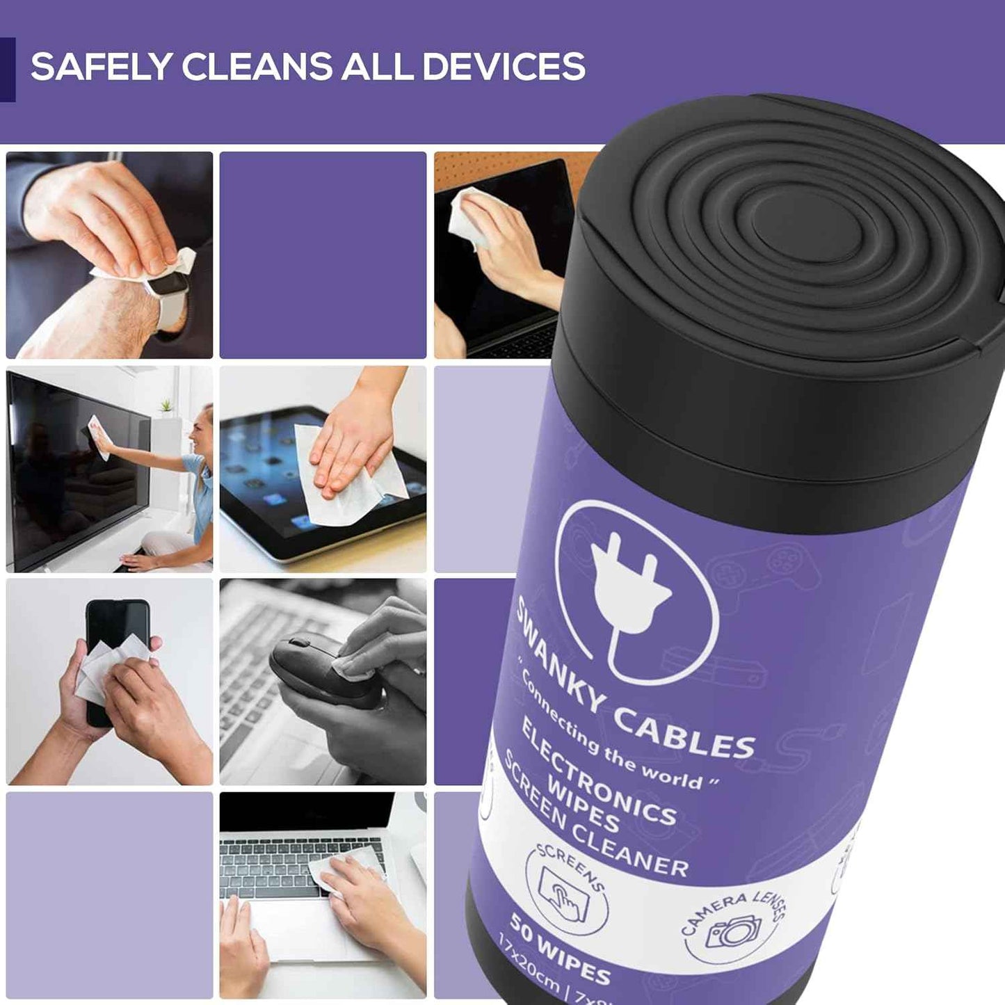 Swanky Cables Screen Cleaner Wipes: Electronic Wipes for Screens - Computer Screen Wipes for Lens, Phone, Tv Screen and Monitor Cleaning - Tech Wipes & Microfiber Cloth (Canister, 200 Count)